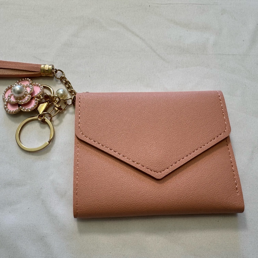 Soft Pink Envelope Card Holder with Wristlet and Flower Charm